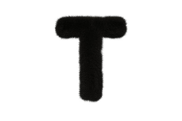 3d rendering of letter T with black fluffy hairy fur uppercase alphabet white background