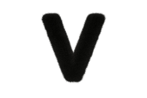 3d rendering of letter V with black fluffy hairy fur uppercase alphabet white background