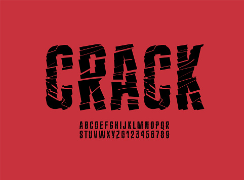 Cracked condensed font, narrow cutting alphabet, destroyed letters and numbers, vector illustration 10EPS