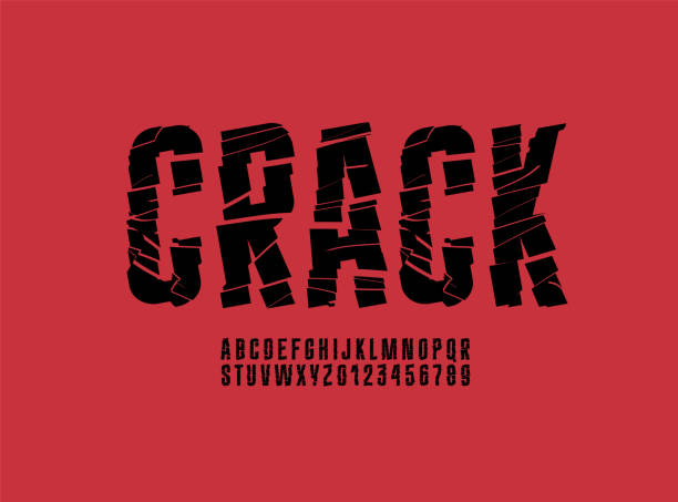 Cracked condensed font, narrow cutting alphabet, destroyed letters and numbers Cracked condensed font, narrow cutting alphabet, destroyed letters and numbers, vector illustration 10EPS crushed stock illustrations