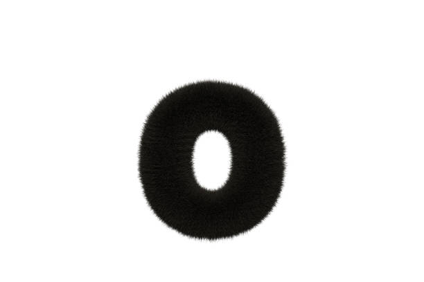 3d rendering of letter o with black fluffy hairy fur lowercase alphabet white background