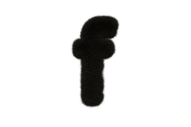 3d rendering of letter f with black fluffy hairy fur lowercase alphabet white background