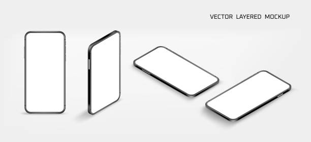 ilustrações de stock, clip art, desenhos animados e ícones de modern smart phone with blank screen isometric collection . vector 3d mockup - lying down