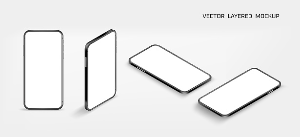 Modern smart phone with blank screen isometric collection . Vector 3d mockup