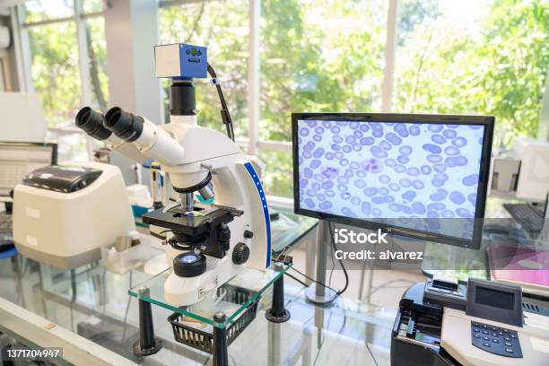 Modern Microscope With Digital Imaging System In The Lab Stock Photo - Download Image Now