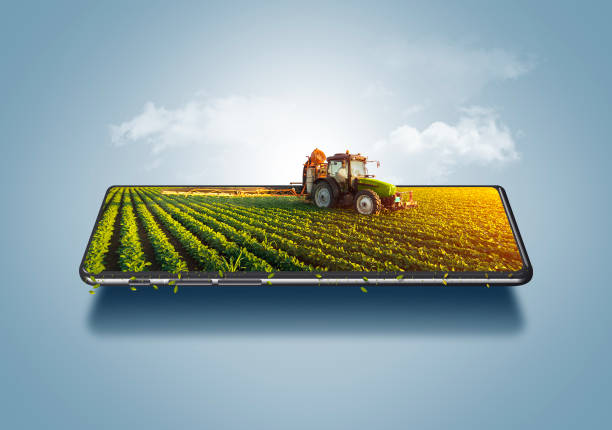 スマート農業コンセプト、スマートフォン上のトラクター、農場オンライン管理広告、農業制御技術オンラインの3dイラスト。 - 農業 ストックフォトと画像