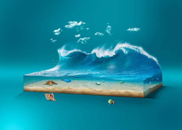 illustration 3d de l’océan isolé avec des nuages. antécédents de voyage et de vacances. belles vagues de surf avec scène sous-marine isolée. - sea water surf tide photos et images de collection