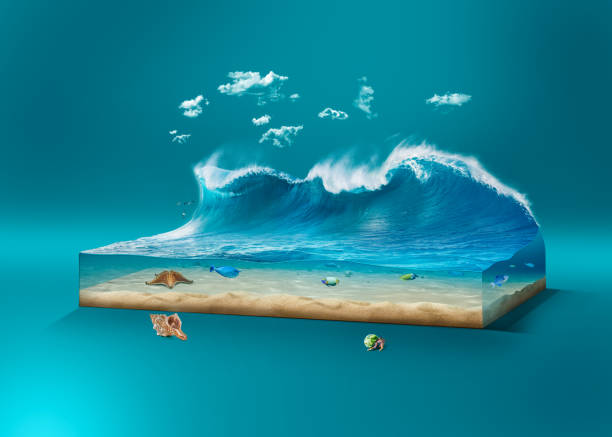 3d ilustração do oceano isolado com nuvens. histórico de viagens e férias. belas ondas de surfe com cena subaquática isolada. - starfish isolated sea animal - fotografias e filmes do acervo