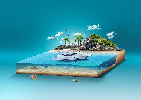 3d illustration of island paradise isolated, travel and tourism ads, luxury yacht on island isolated.
