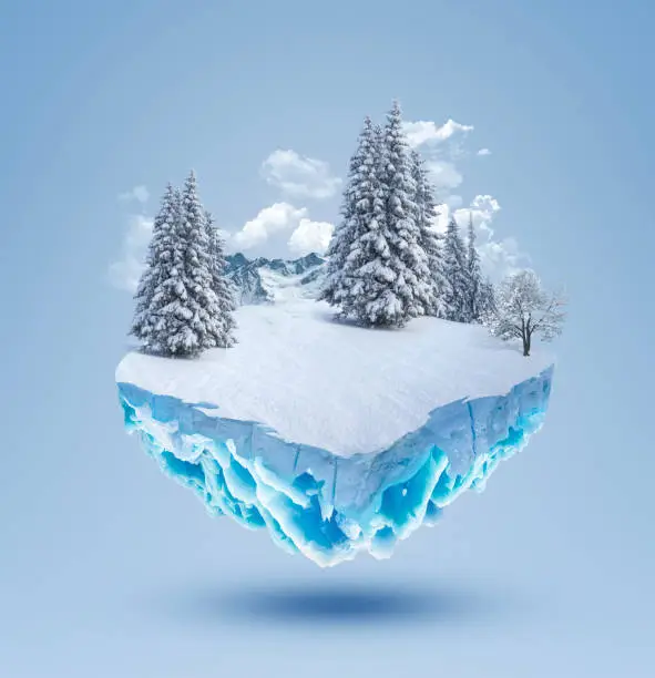 Photo of 3d illustration of snowy island advertisement. snow with mountains isolated. Travel and vacation background.