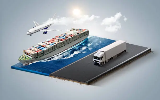 Photo of 3d illustration of truck on the road, sea cargo and air cargo isolated. All means of cargo isolated.