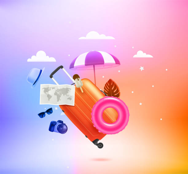 ilustrações de stock, clip art, desenhos animados e ícones de summer travel stuff with levitation effect. 3d vector illustration - parasol vector umbrella beach