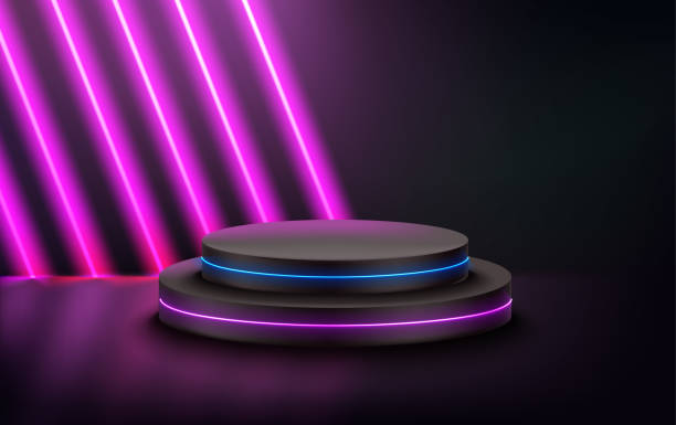istock Dark room with vioolet diagonal neon and circle podium. 3d vector showcase with copy space 1371706291