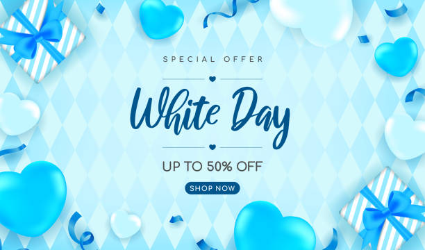 happy white day verkauf banner vector design. realistische ballonherzen und geschenke auf blauem rhombenmusterhintergrund - weißer tag japanischer feiertag stock-grafiken, -clipart, -cartoons und -symbole