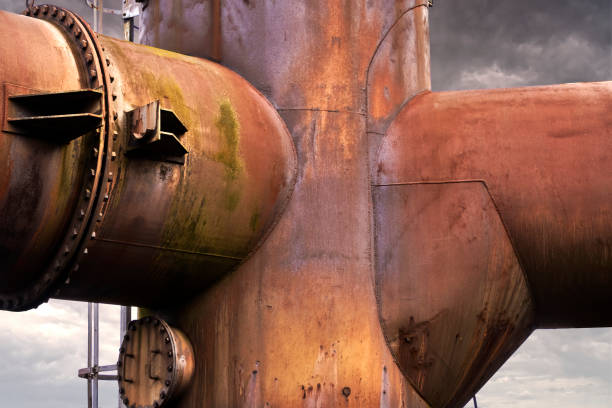 abstract looking confluence of large iron pipes completely covered with rust - rust imagens e fotografias de stock