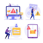 istock Concept of hacker attack, fraud investigation, internet phishing attack. Hacker hacking personal data. Internet theft stealing privacy login and password. Vector illustration set in flat design 1371709646