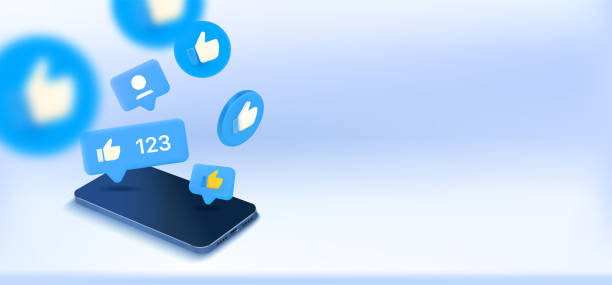 istock Social media notification bubbles with thumbs up symbols and mobile phone. 3d vector banner with copy space 1371709756