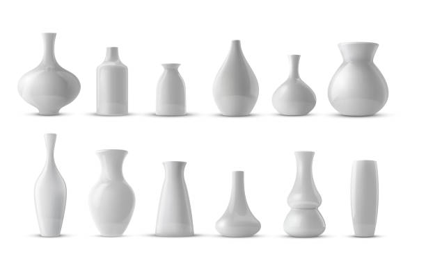 istock Realistic collection of white ceramic porcelain vase. 3d ceramic glossy  pot set. 1371710878