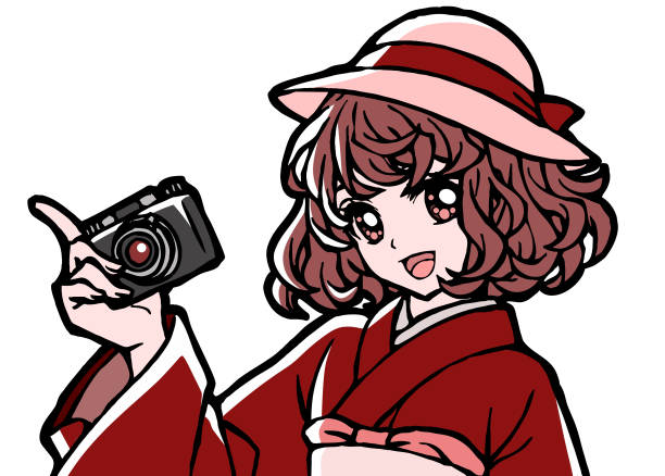 ilustraciones, imágenes clip art, dibujos animados e iconos de stock de ilustración de una chica kimono sosteniendo una cámara - chica kimono del anime