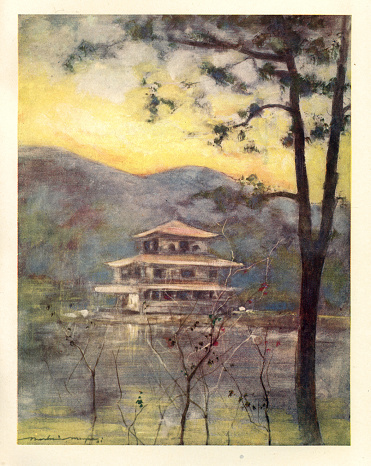 Vintage illustration of Traditional Japanese temple building, Art, Japan 19th Century