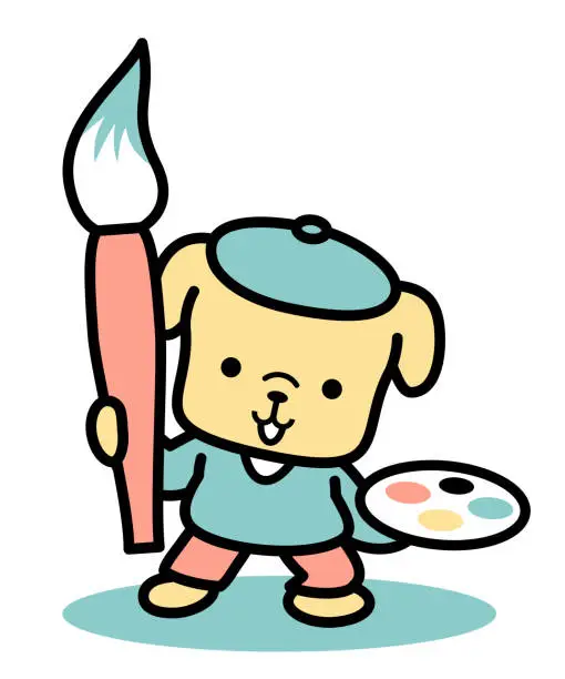 Vector illustration of A cute dog artist wearing a beret and holding a watercolor brush and palette