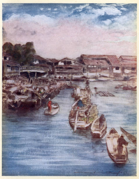 Japanese fishing village, boats, Art, Japan 19th Century Vintage illustration of Japanese fishing village, boats, Art, Japan 19th Century vintage fishing stock illustrations