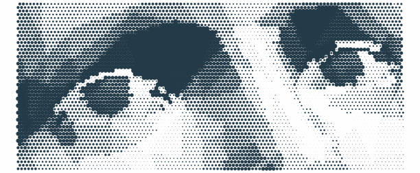 istock Looking eyes. Close-up portrait of a man. Digital vision. Security technology and surveillance. Pixel art. 3D vector illustration. 1371713952