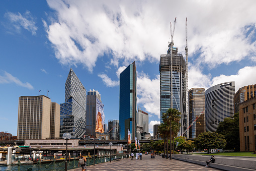 Circular Quay, Sydney, Australia - February 8, 2022: A view of sydney's skyline with buildings under construction