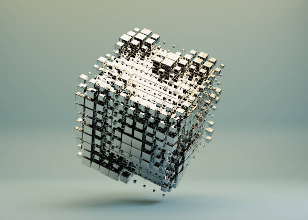 Abstract 3d rendering Cube, Geometric Shapes Background, Blockchain , Technology concept. Neon Lighting.