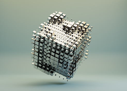 Golden shiny sci fi concept cube. Business, science, technology concept 3D rendering  illustration.