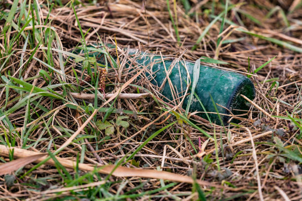 la pollution de l’environnement au bord du champ avec le verre et le plastique peut maintenant être trouvée partout dans le monde - disposable cup plastic beer bottle photos et images de collection