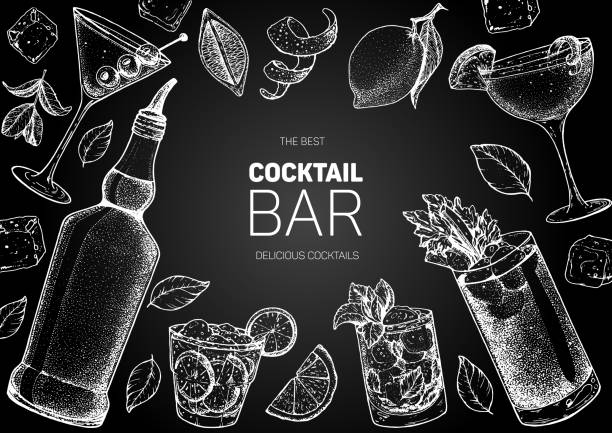 ilustrações de stock, clip art, desenhos animados e ícones de alcoholic cocktails hand drawn vector illustration. cocktails sketch set. engraved style. hand drawn bottle. - caipiroska