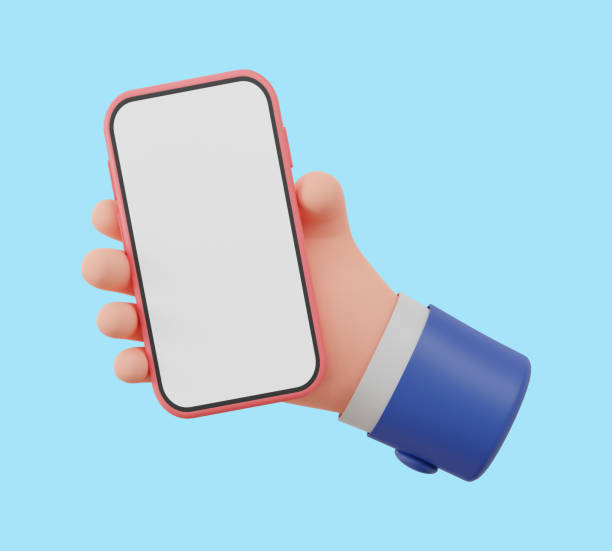 istock 3D illustration Hand hold a smart phone with blank screen on blue Background 1371722375