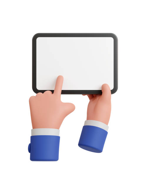 istock 3D illustration hands are holding and point on Tablet PC Isolated on white background 1371722428
