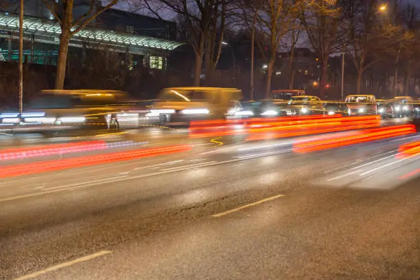 nocturnal light trails on a busy road