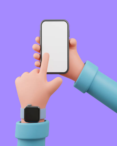 istock 3D illustration Hand hold a smart phone with blank screen on purple Background 1371722507