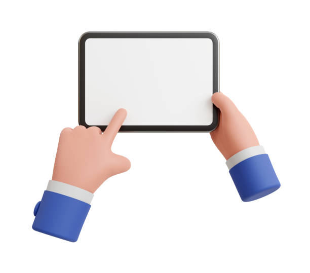 istock 3D illustration hands are holding and point on Tablet PC Isolated on white background 1371723209