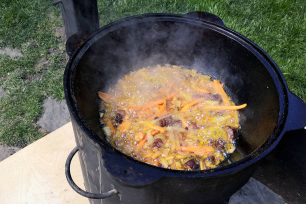 Cauldron with cooked pilaf.
