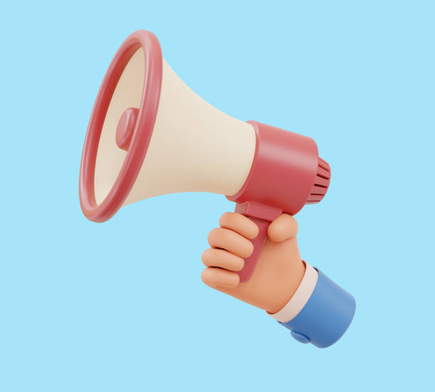 istock Cartoon hand holding megaphone on blue background with copy space. 3d illustration 1371723616