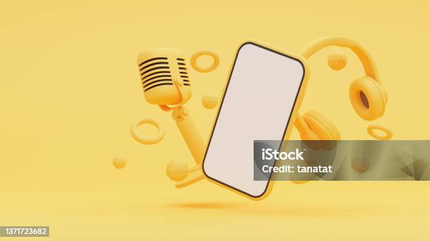 3d Illustration Retro Microphone And Headphone And Smart Phone On Yellow Background Stock Photo - Download Image Now