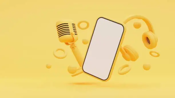 Photo of 3D illustration, Retro Microphone and Headphone and Smart Phone on yellow background
