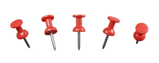 Photo of 3D illustration, Collection of various red push pins. Thumbtacks
