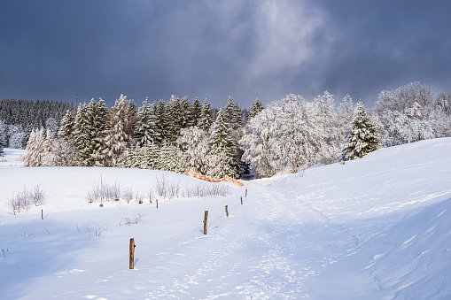 Landscape in winter time in the Thuringian Forest near Schmiedefeld am Rennsteig, Germany.