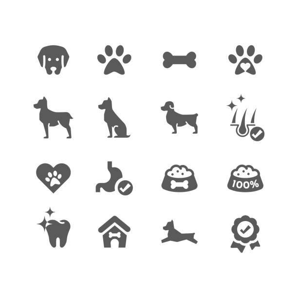 Dog black vector icon set Paw print, dog food, bone filled icons dog stock illustrations