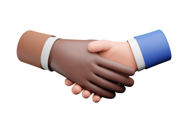istock 3D illustration, black and white male handshaking with each other on white background 1371724809