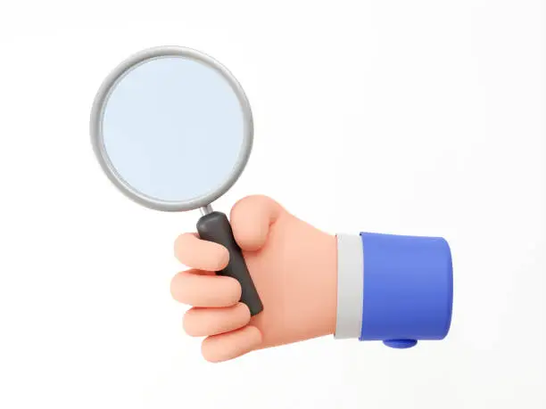 Photo of Cartoon hand holding a Magnifying Glass on white background with copy space. 3d illustration