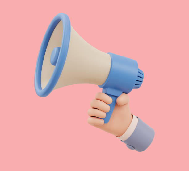 istock Cartoon hand holding megaphone on pink background with copy space. 3d illustration 1371725220