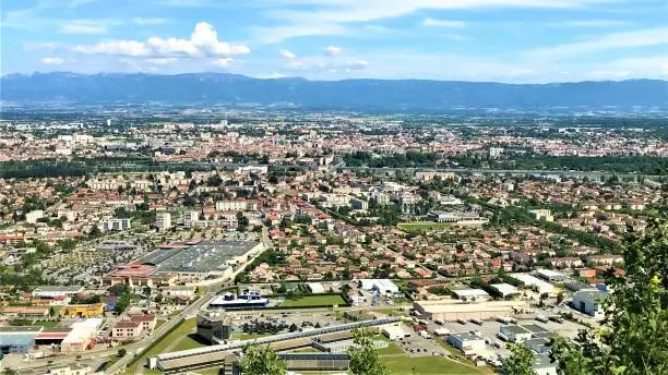 Aerial Panorama of Valence Drôme in France with Rhone River Valley and Alps mountains in the background on a beuatiful sunny sky