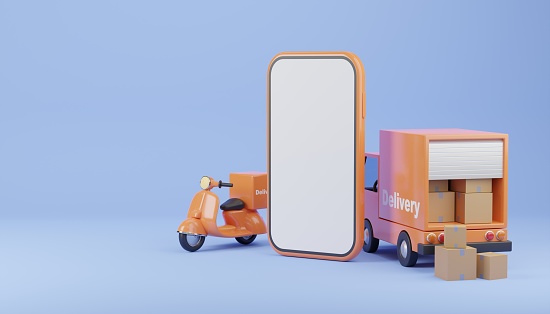 3D illustration, Delivery service scooter and delivery van with smart phone isolated on blue background