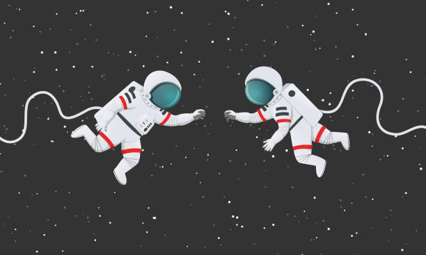 ilustraciones, imágenes clip art, dibujos animados e iconos de stock de ilustración vectorial. dos astronautas que se alcanzan en el espacio. escena romántica, conexión, espacio oscuro con estrellas de fondo. - astronauta